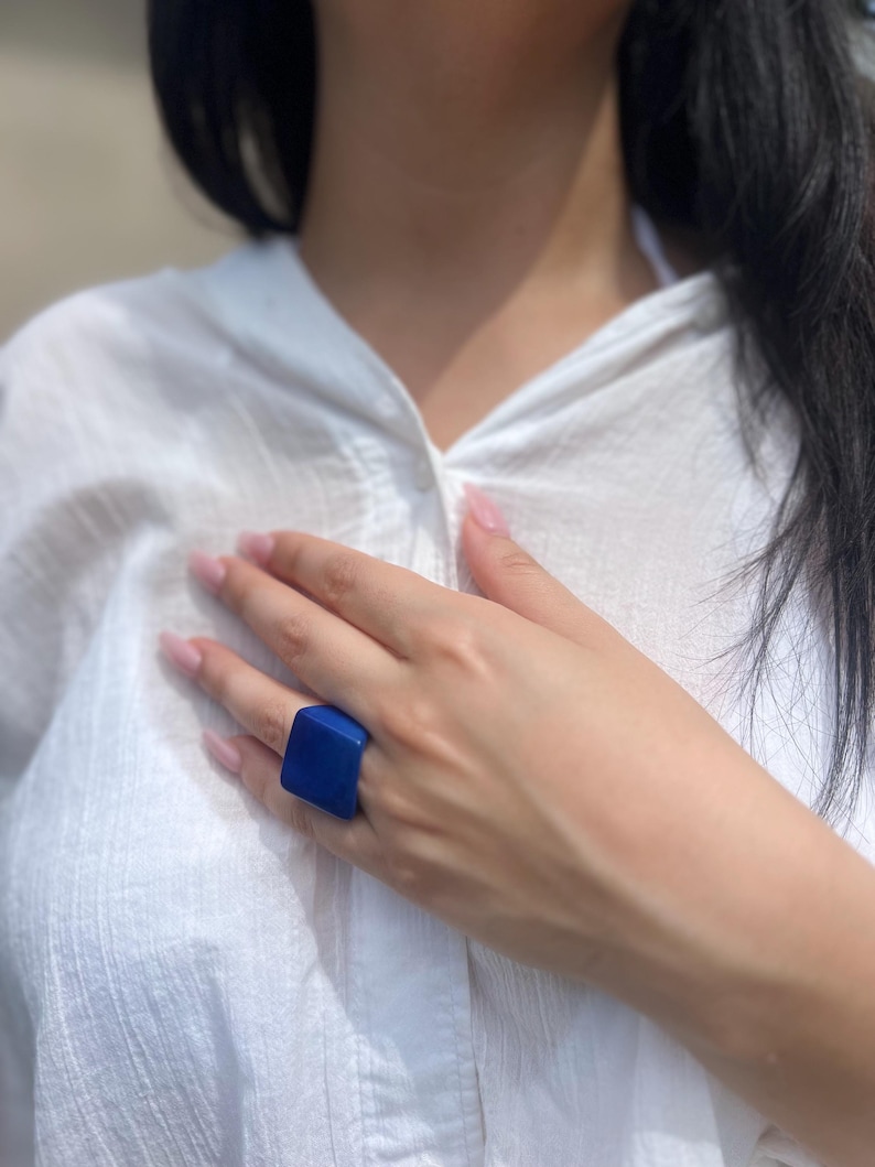 Handmade Blue Tagua Nut Statement Ring - Chunky Fashion Jewelry image 5