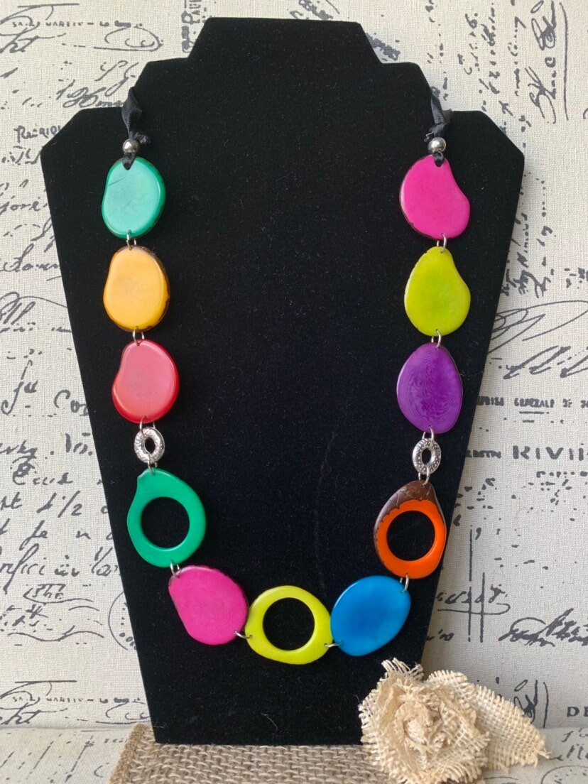Multi color statement necklace Rainbow Tagua nut necklace | Etsy