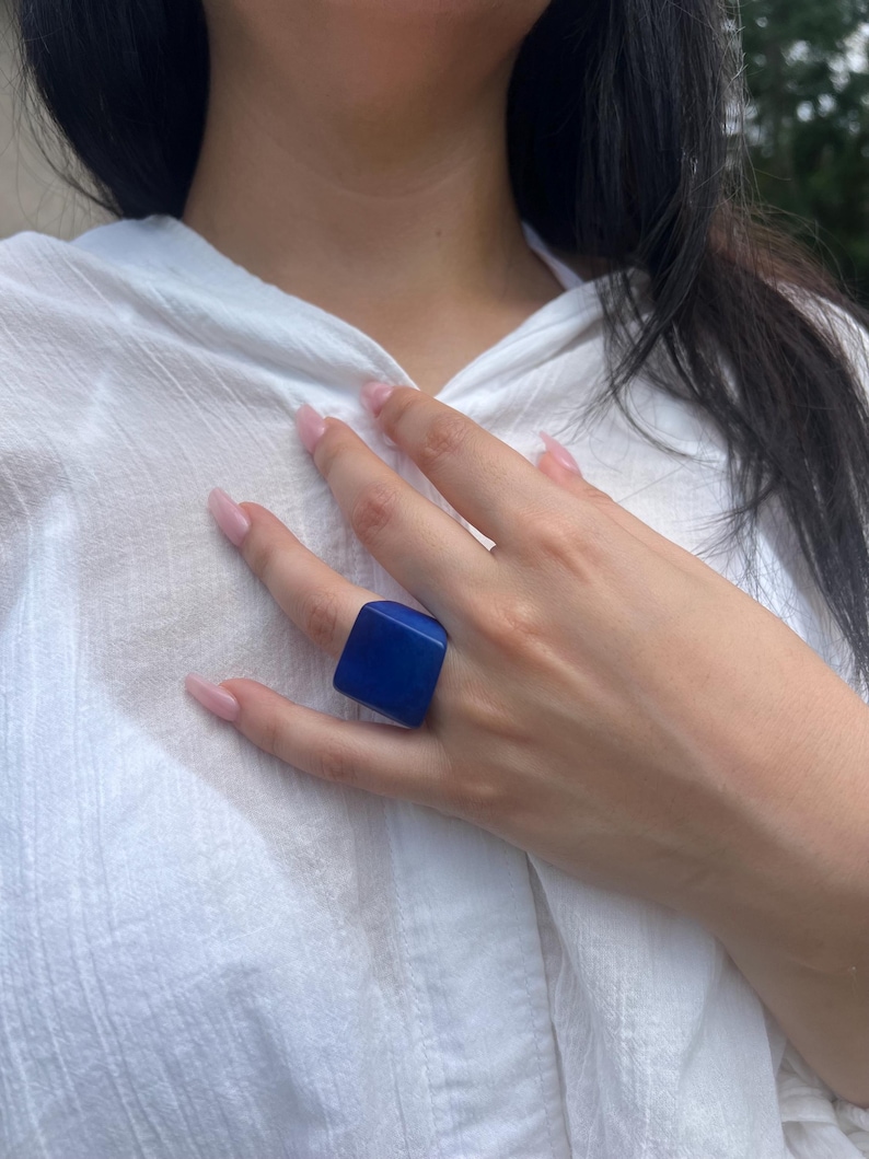 Handmade Blue Tagua Nut Statement Ring - Chunky Fashion Jewelry image 8