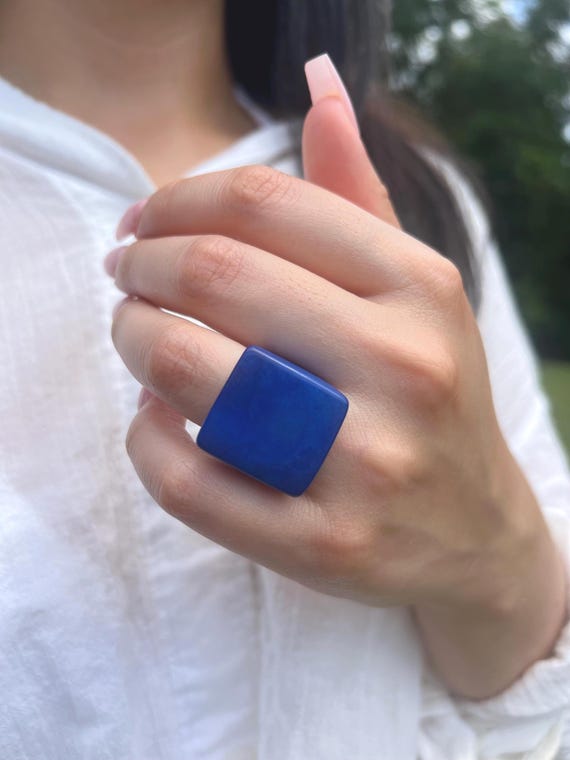 Blue Tagua ring Unusual fashion jewelry Fall style Big bold cocktail ring Statement ring aesthetic Wide band chunky ring Handmade beaded