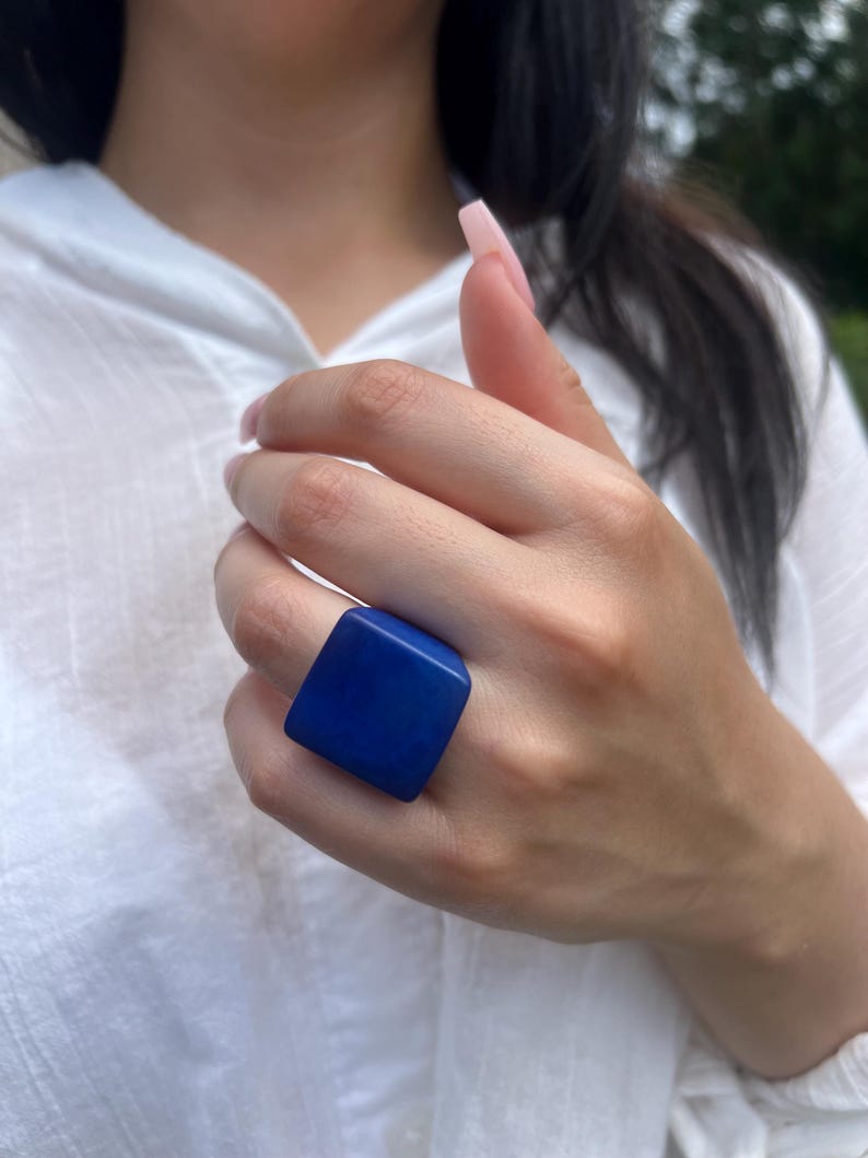 Handmade Blue Tagua Nut Statement Ring - Chunky Fashion Jewelry image 2