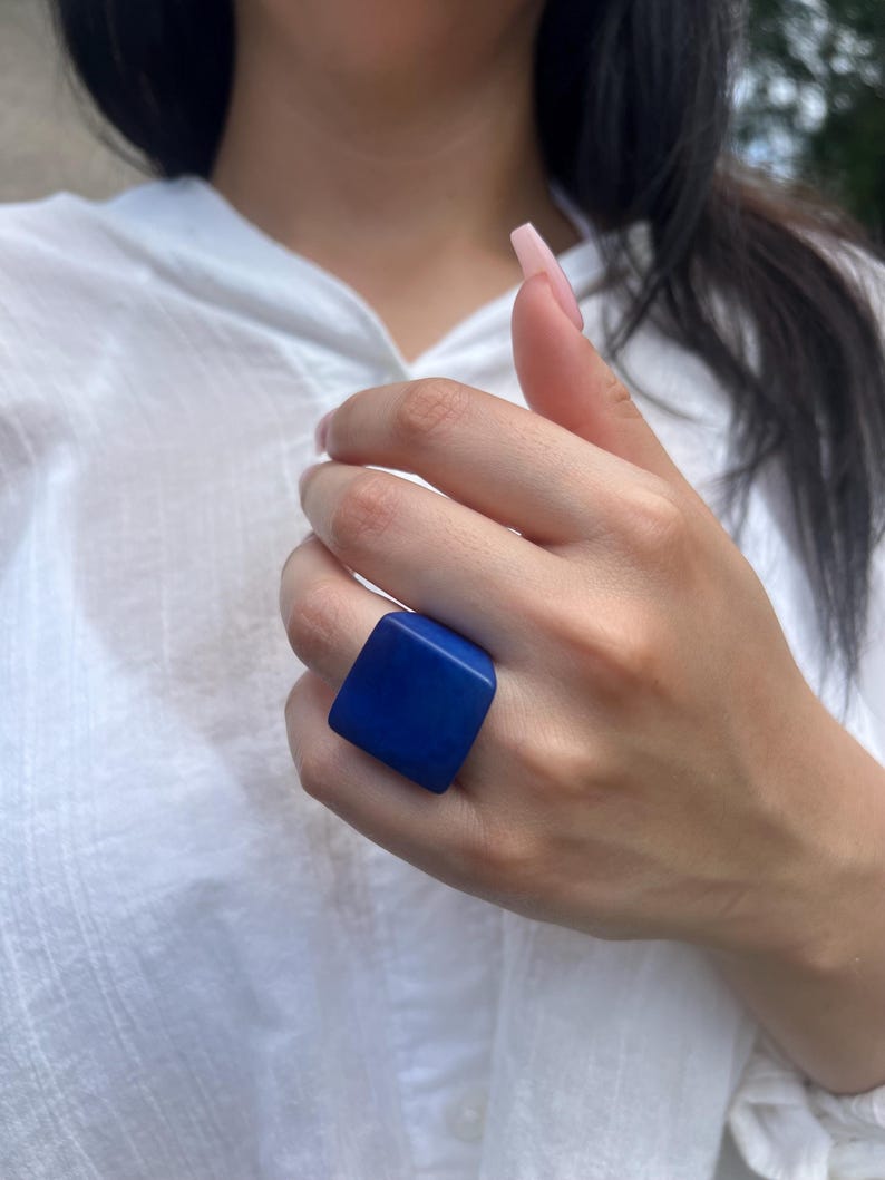 Handmade Blue Tagua Nut Statement Ring - Chunky Fashion Jewelry image 6
