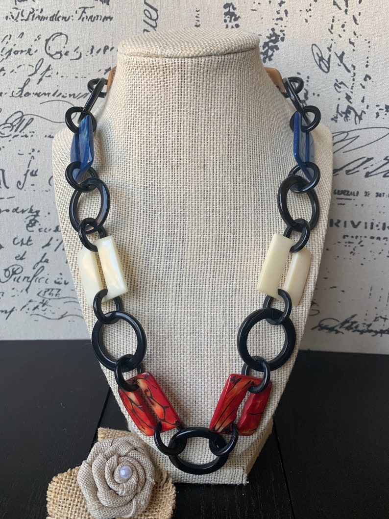 Black red and white fashion Tagua necklace Extra long adjustable beaded necklace Statement geometric jewelry Gifts from Ecuador Valentines