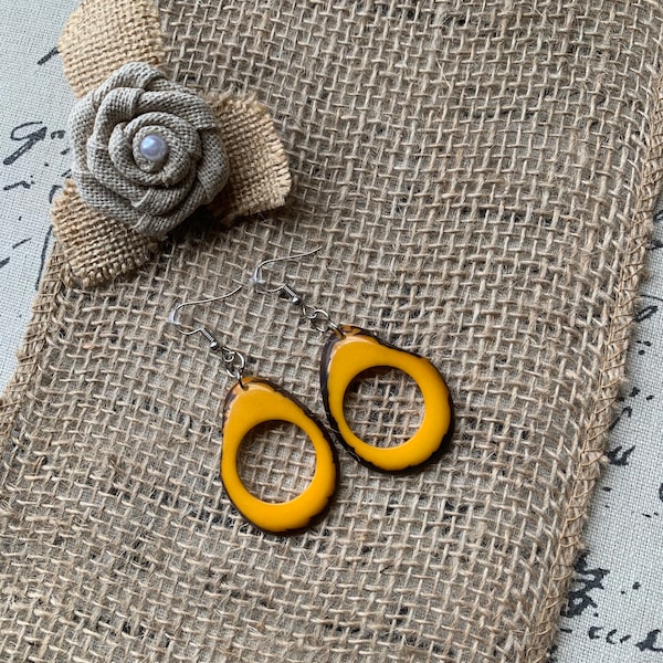 Mustard yellow drop earrings Tagua earrings Statement jewelry Huge oversized hoops Spring fashion trend Anniversary gifts for wife Organic