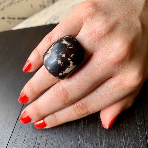 Black statement cocktail Tagua Ring Big bold dramatic rings Unusual jewelry Oversized Anniversary gifts Fashion rings Summer beach fashion