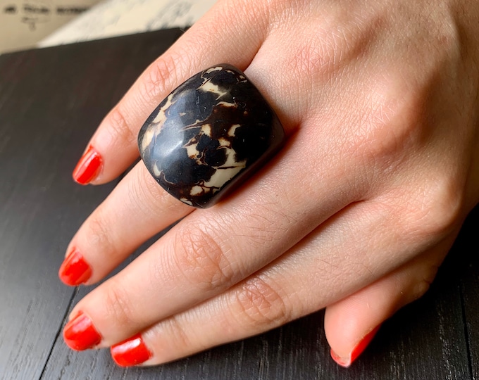 Hand Carved Black Tagua Nut Statement Ring - Bold Fashion Jewelry
