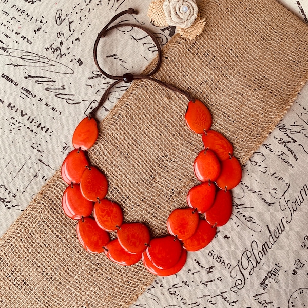 Burnt orange statement necklace Tagua jewelry Double layer bib Big bold chunky necklace Leather collar 2 two strand Wife anniversary gift