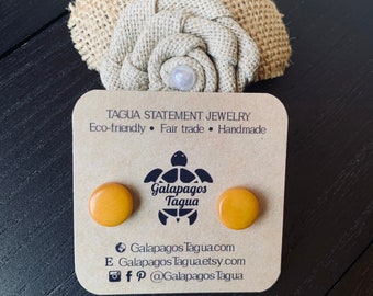Yellow stud earrings Round beaded earrings Tagua jewelry Gift ideas under 10 Geometric post Christmas stocking stuffers Secret santa gifts