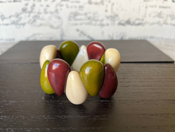 Maroon green and beige statement bracelet Stretch bead bracelet Tagua bracelet Chunky bracelet Elastic stretch bracelet
