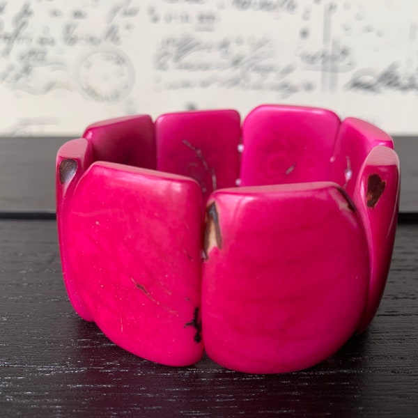 Hot pink statement beaded bracelet Tagua Jewelry Summer fashion trends Big bold beads Wide cuff bangle Beach wedding style Anniversary gifts