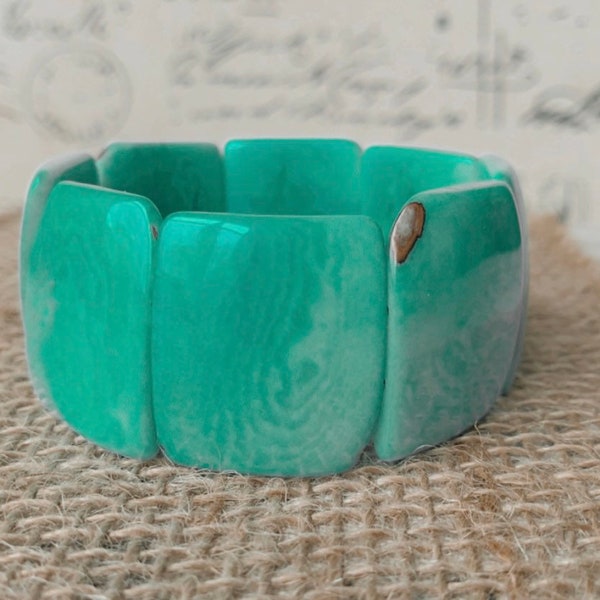 Turquoise green bracelet Tagua nut jewelry Wide cuff bangle Spring jewelry Birthday gifts for her Geometric stretchy bracelet Xmas gifts