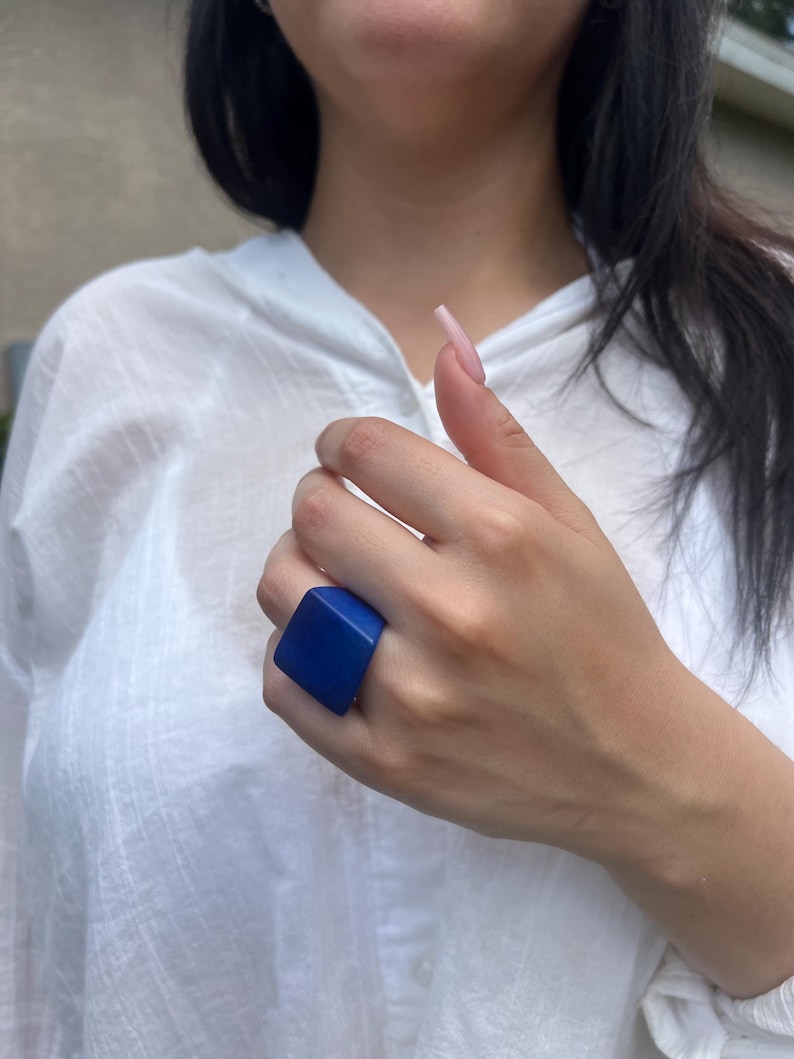 Handmade Blue Tagua Nut Statement Ring - Chunky Fashion Jewelry image 7