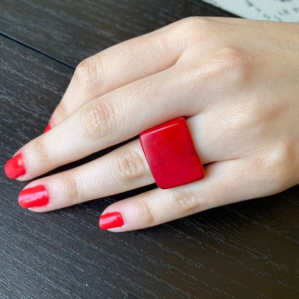 Big bold cocktail ring Red tagua Ring Unusual jewelry Spring fashion Large square ring Huge statement for women Summer fashion trends