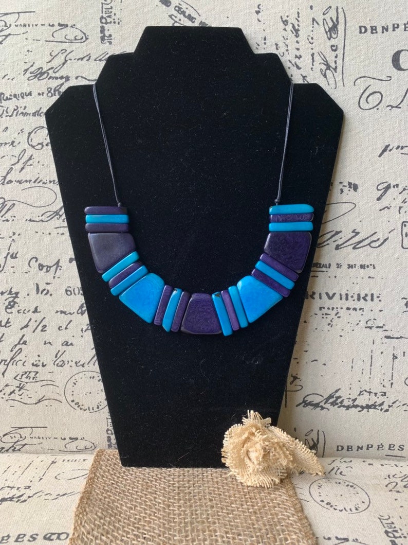Turquoise and blue necklace Tagua bib collar Unusual jewelry Spring fashion jewelry Anniversary gift for wife Artisan handmade in Colombia