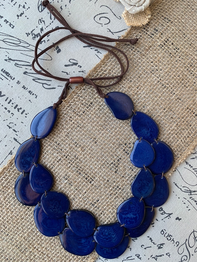 Navy Blue Statement Necklace Double Layer Adjustable Collar Etsy