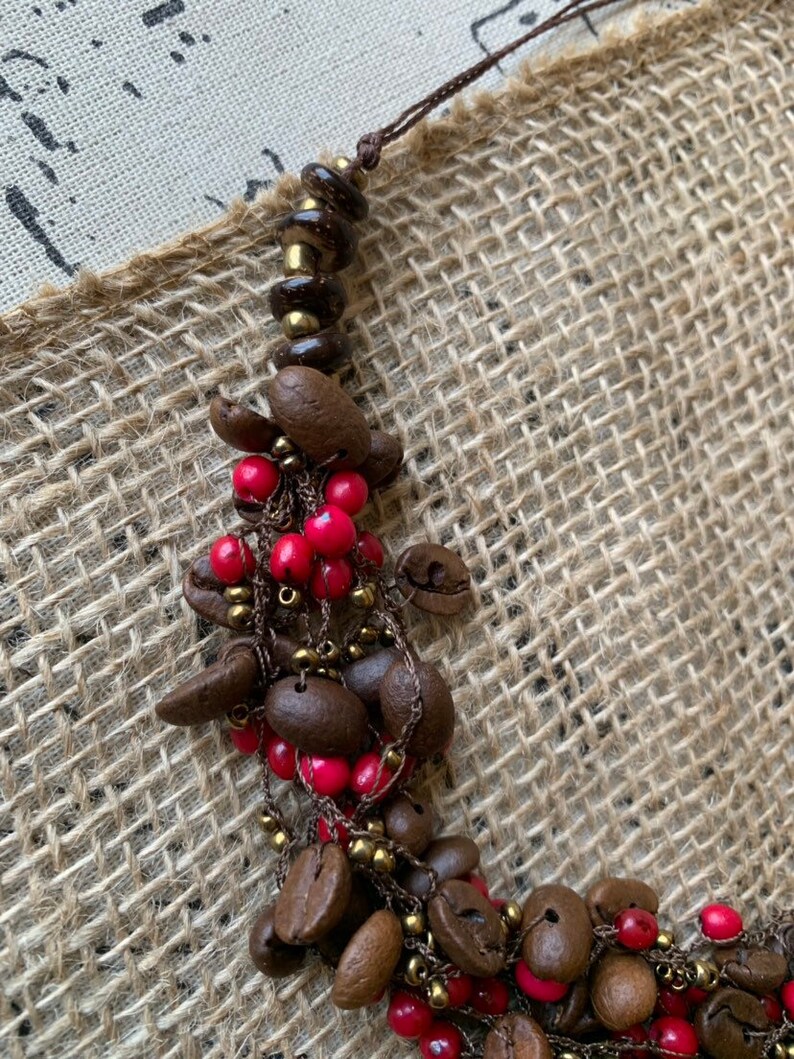 Multi strand statement necklace with coffee beans and coconut shell beads Anniversary gift for wife Unusual macrame bib Artisan handmade