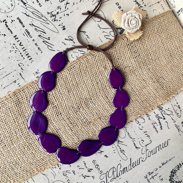 Purple single strand statement necklace Tagua necklace Handmade with adjustable leather strap Simple unusual collar Beach wedding style