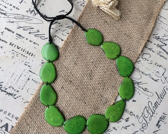 Green Emerald necklace Tagua nut jewelry Long bib collar with adjustable leather straps Single layer beaded necklace Spring fashion trends