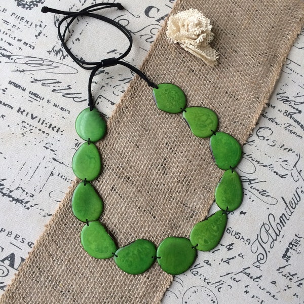 Green Emerald necklace Tagua nut jewelry Long bib collar with adjustable leather straps Single layer beaded necklace Spring fashion trends