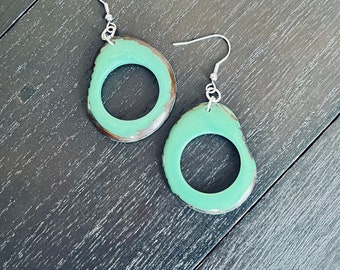Turquoise Tagua Nut Earrings, Big Dangle Earrings, Artsy Jewelry