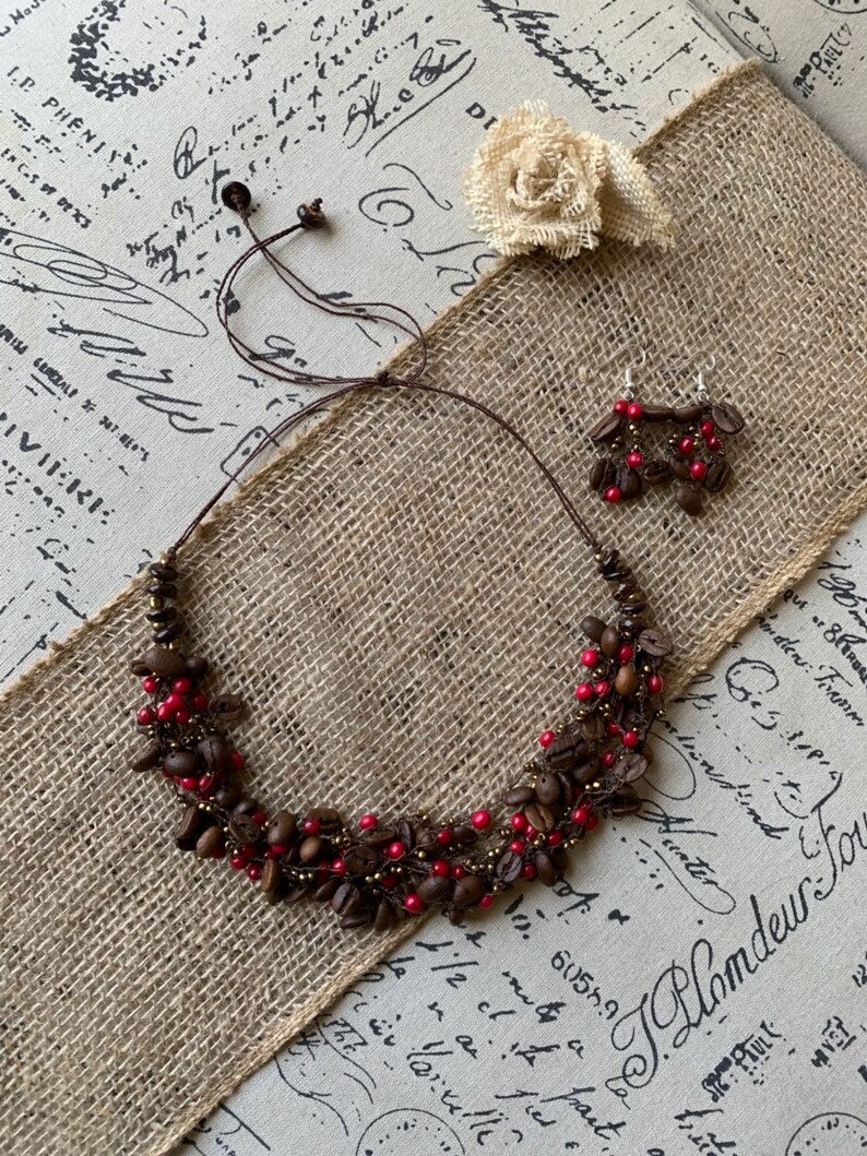 Multi strand statement necklace with coffee beans and coconut shell beads Anniversary gift for wife Unusual macrame bib Artisan handmade