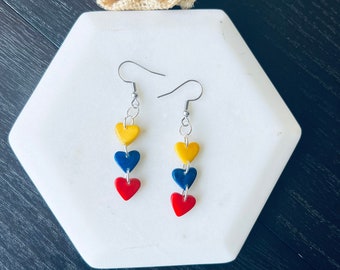 Ecuador earrings Red blue yellow hearts long statement earrings Tagua jewelry Casual trendy drops Lightweight Spring fashion Easter basket