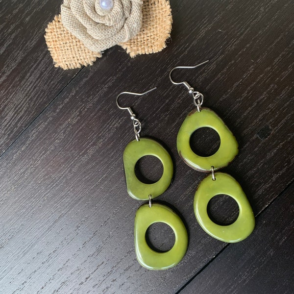 Olive green cutout fashion earrings Tagua jewelry Modern retro dangles Boho chic mod hoops Anniversary gift for wife Holiday fashion trends