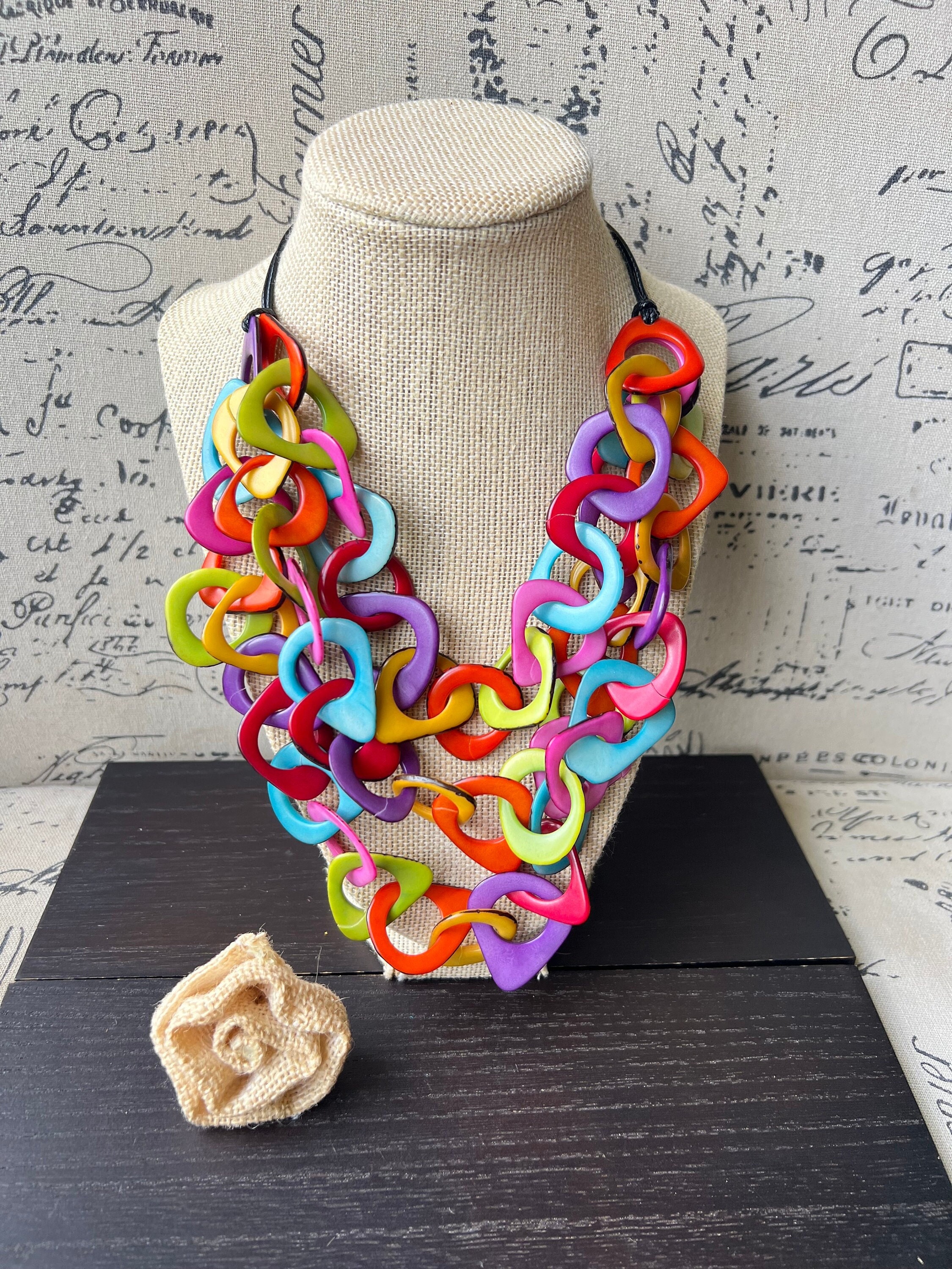 Rainbow statement necklace Tagua jewelry Adjustable cord Big bold necklaces Statement necklaces for women Wearable art Summer fashion