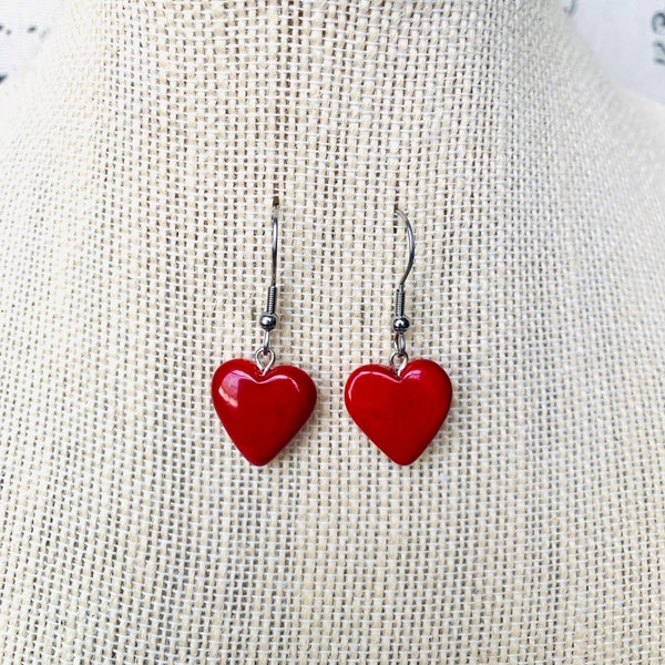 Red dangle earrings Heart shape earrings Beach fashion trends Tagua nut jewelry Valentine day gifts for wife Anniversary gift for fiance