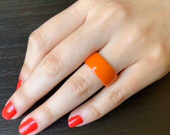Orange Tagua Nut Band Ring: 10mm Thick, Hand Carved Statement Jewelry