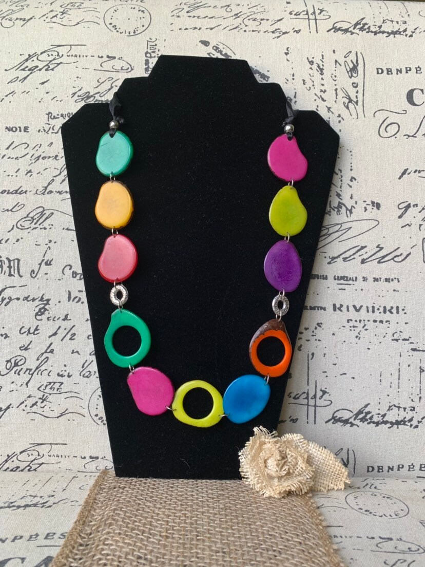 Multi color statement necklace Rainbow Tagua nut necklace | Etsy
