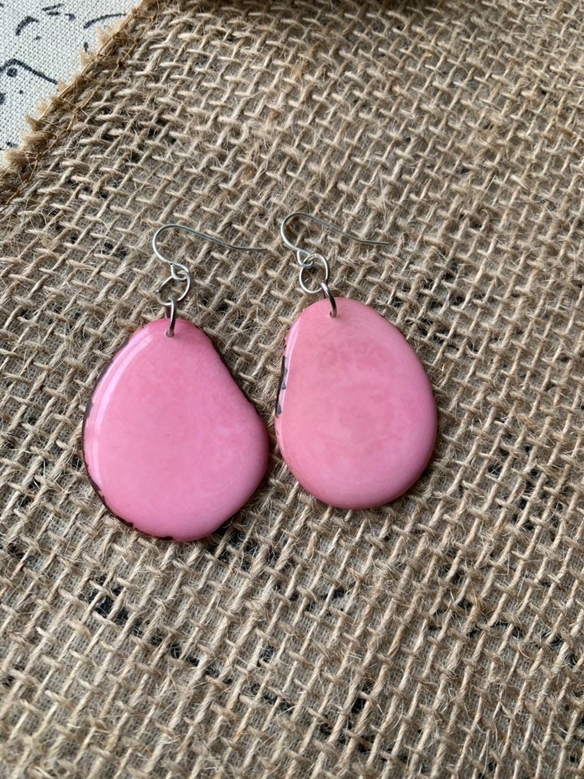 Tagua earrings Big pink earrings Handmade in Ecuador Statement dangle and drop earrings  Artsy gifts Summer fashion Cruise wear Lightweight