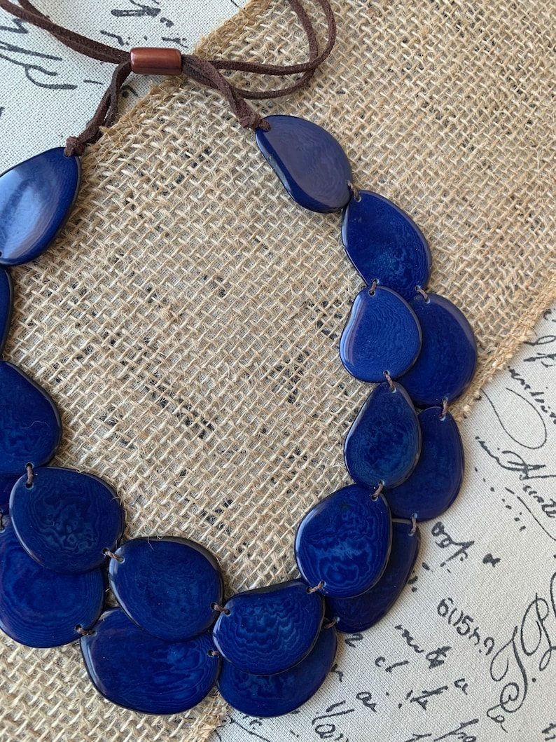 Navy Blue Statement Necklace Double Layer Adjustable Collar Etsy