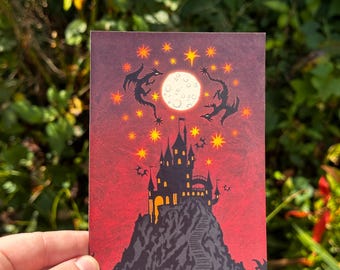 moon dragon dark castle mini print / fantasy postcard 4x6"