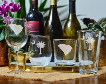 South Carolina Glasses; Paw Print Glass Etching; Tiger Paw; Gamecocks; Charleston; Columbia Glass