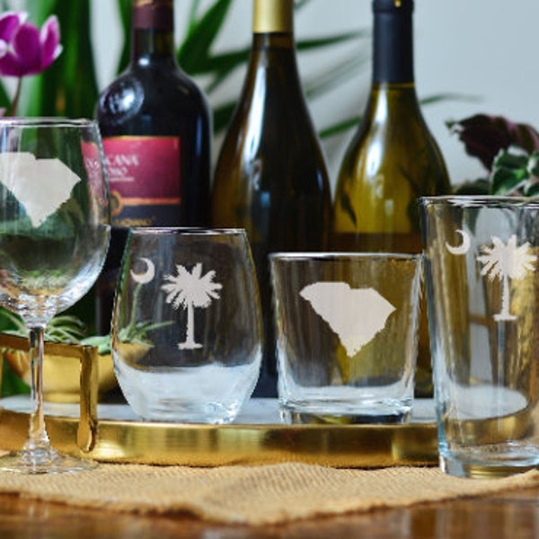 South Carolina Glasses; Paw Print Glass Etching; Tiger Paw; Gamecocks; Charleston; Columbia Glass