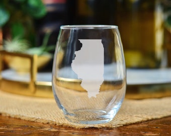 State of Illinois Barware; Springfield, IL; Chicago Illinois Etched Wine Glass; Notre Dame Low Ball Drinking Glass; University Whiskey Glass