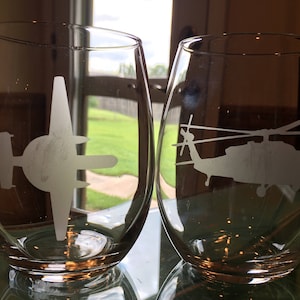 Navy Hawkeye Airplane & Helicopter Glassware; Naval Aviation Helo Plane Barware; Military Wine Glass; ; E2 C/D NFO MH-60S; Naval Aviator Bar