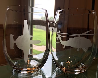 Navy Hawkeye Airplane & Helicopter Glassware; Naval Aviation Helo Plane Barware; Military Wine Glass; ; E2 C/D NFO MH-60S; Naval Aviator Bar