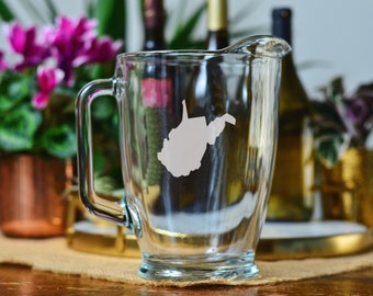 State of West Virginia Glassware: WVU Mountaineer Barware; Charleston WV Glasses; Wine Glasses; Hand Etched Glassware