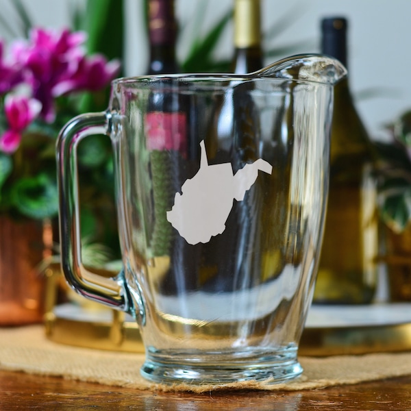 State of West Virginia Glassware: WVU Mountaineer Barware; Charleston WV Glasses; Wine Glasses; Hand Etched Glassware