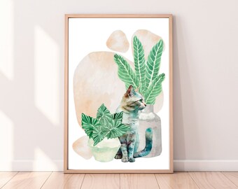 Beige cat & plant art. Cat lovers gift. Potted plants print. Cat decor/wall art. Plant lover gift. Cat poster. Houseplants. Printable art