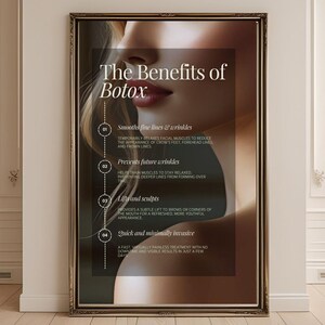 以下が含まれることがあります： 「The Benefits of Botox」のテキストと女性の横顔が描かれた額入りのポスター。ポスターには、小じわやシワを滑らかにし、将来のシワを防ぎ、リフトアップや彫刻などの利点が記載されています。フレームは金色です。