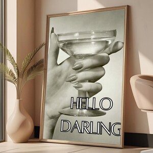 Hello Darling Nail Print | Retro Greyscale Nail Poster | Nail Tech Decor | Manicured Martini Poster | Nail Salon Printable | Nail Lover Gift