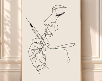 May include: A framed wall art print featuring a black line drawing on a beige background. The illustration depicts a profile of a face with a hand wearing a medical glove holding a syringe near the lips, rendered in a continuous line style.