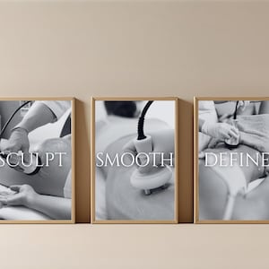Peut inclure: Trois images encadrées en noir et blanc avec les mots SCULPT, SMOOTH et DEFINE. Chaque image montre une partie du corps traitée avec un appareil. Les cadres sont de couleur marron clair.