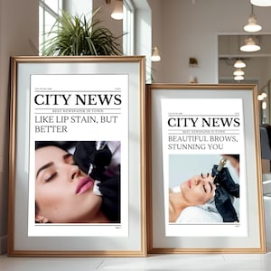 Set of 2 Lip Blush & Eyebrow Wall Art Prints | PMU, Microblading, Lip Art Decor for Beauty Spa or Salon | Newspaper Style | PMU Artist Gift