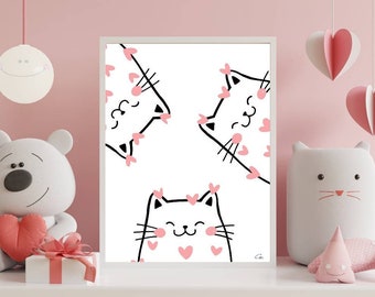 Cat nursery print, kitten nursery print, baby girl nursery decor, girl bedroom wall art, kitten print, cat nursery, cute pink cat, printable