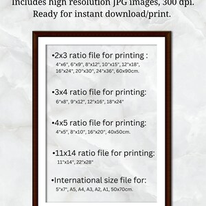 May include: A framed print with a white background and a dark brown border. The text includes information about high-resolution JPG images, ready for instant download and print. It lists various print sizes, including 10x15cm, 15x20cm, and 20x30cm.