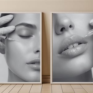 May include: Two framed monochrome prints. One depicts a close-up of a woman's eye receiving an injection. The other shows a close-up of a woman's lips receiving an injection. The images are in a minimalist style.